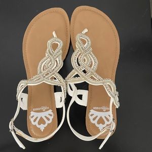 Fergicious sandals- cream/beige with rhinestones.